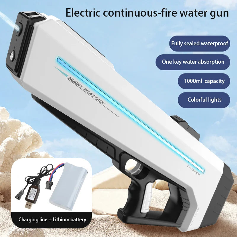 Pistolet à eau électrique puissant avec LED, grande pistolet à eau automatique à tir continu, jouet d'extérieur pour garçon et adulte