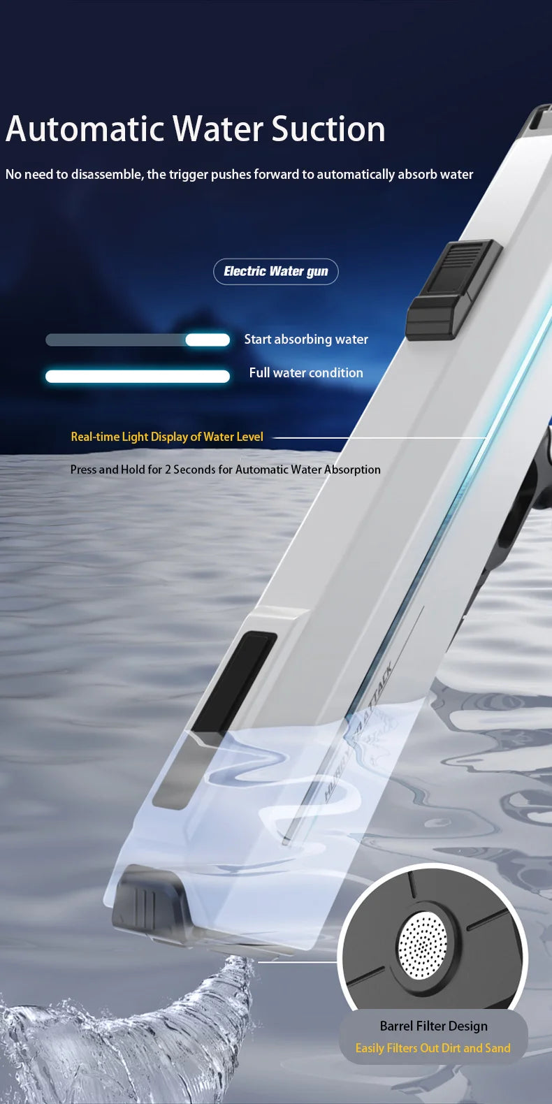 Pistolet à eau électrique puissant avec LED, grande pistolet à eau automatique à tir continu, jouet d'extérieur pour garçon et adulte