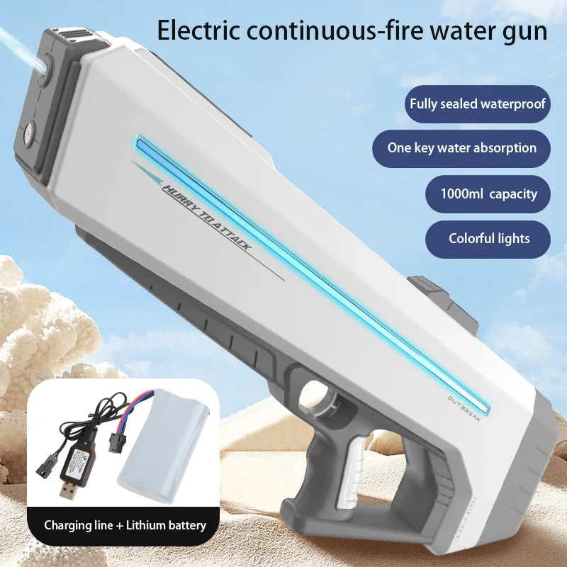 Pistolet à eau électrique puissant avec LED, grande pistolet à eau automatique à tir continu, jouet d'extérieur pour garçon et adulte