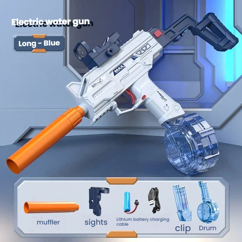 Pistolet à eau électrique de style Uzi - Tir automatique avec ensemble d'accessoires, jouet pour les combats aquatiques en plein air en été, plage, cadeaux