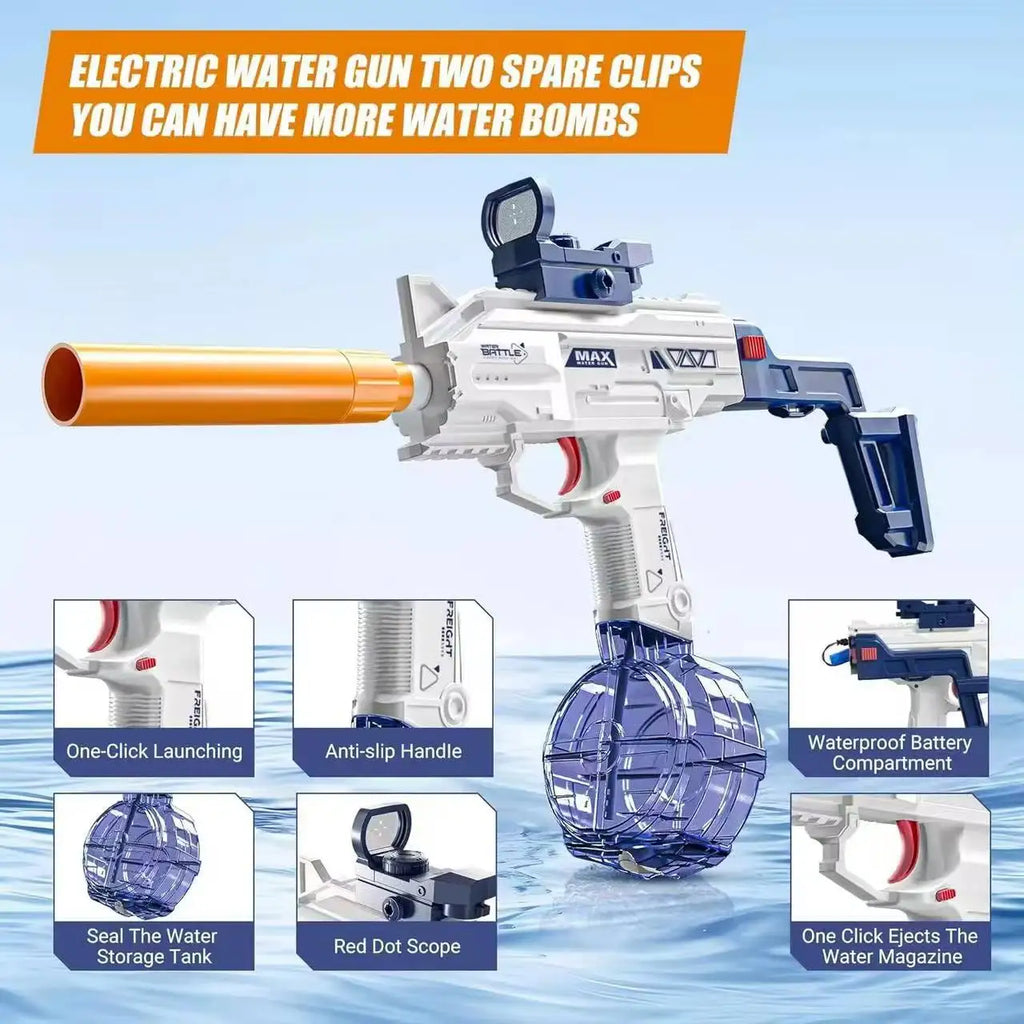 Pistolet à eau électrique de style Uzi - Tir automatique avec ensemble d'accessoires, jouet pour les combats aquatiques en plein air en été, plage, cadeaux