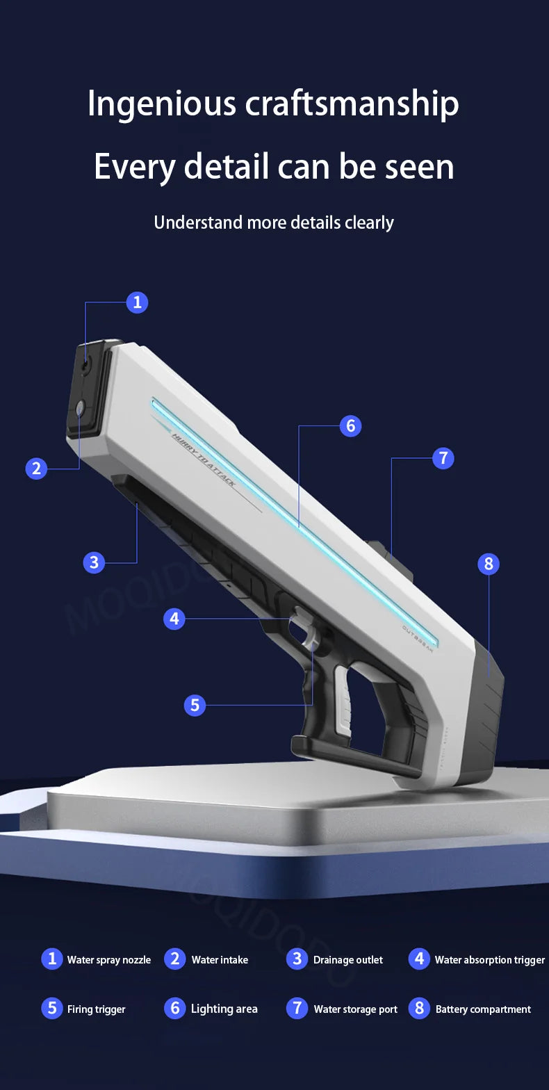 Pistolet à eau électrique puissant avec LED, grande pistolet à eau automatique à tir continu, jouet d'extérieur pour garçon et adulte