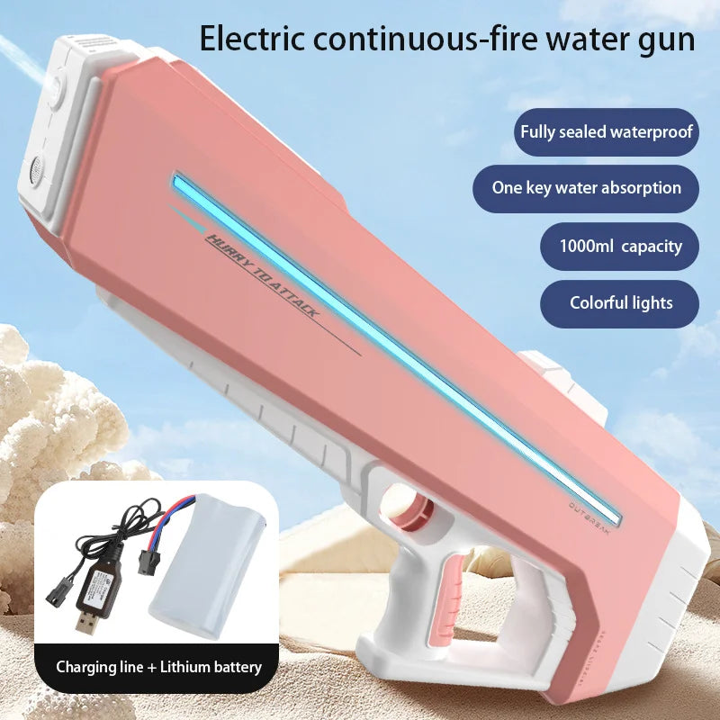 Pistolet à eau électrique puissant avec LED, grande pistolet à eau automatique à tir continu, jouet d'extérieur pour garçon et adulte