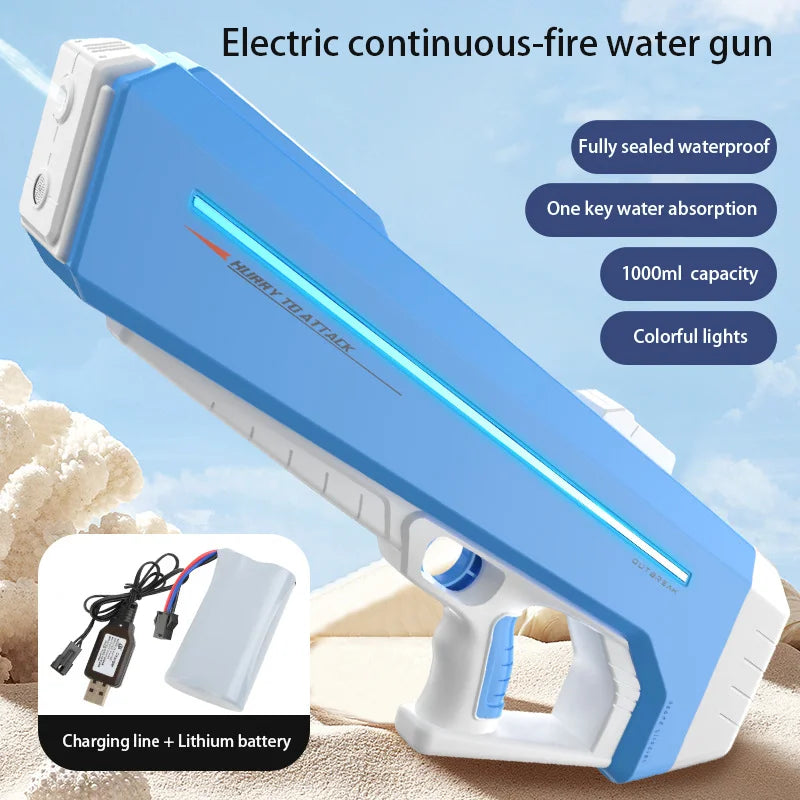 Pistolet à eau électrique puissant avec LED, grande pistolet à eau automatique à tir continu, jouet d'extérieur pour garçon et adulte